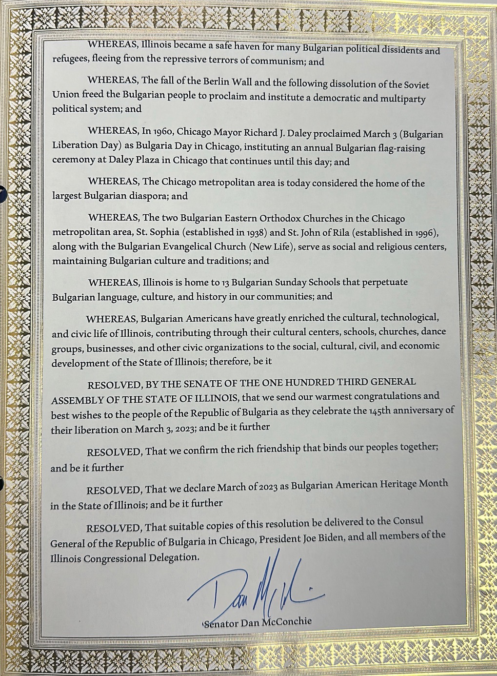 Сенатът на Илинойс прие резолюция, обявяваща март за Месец на българо-американското културно наследство